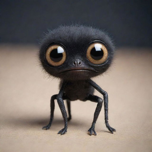 A cute, tiny creature standing half the height of a human knee, with two legs and two arms, colored black with large eyes.