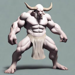 An albino Minotaur with long forward-pointing horns that have engravings all over them