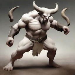 An albino Minotaur with long forward-pointing horns that have engravings all over them