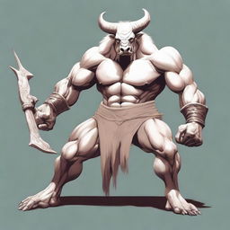 An albino Minotaur with long forward-pointing horns that have engravings all over them