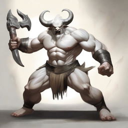 An albino Minotaur with long forward-pointing horns that have engravings all over them