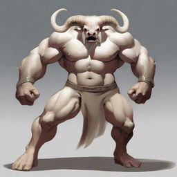 An albino Minotaur with long forward-pointing horns that have engravings all over them