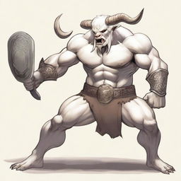 An albino Minotaur with long forward-pointing horns that have engravings all over them