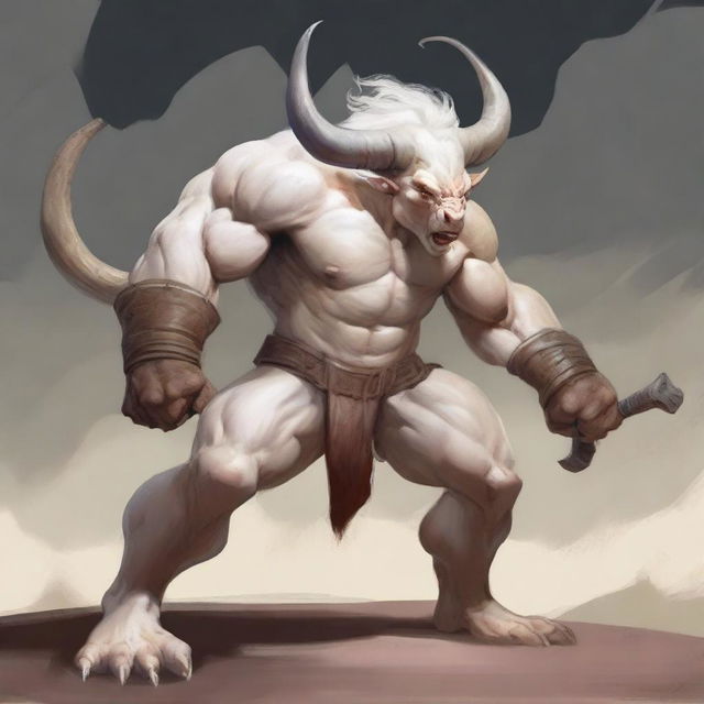 An albino Minotaur with long forward-pointing horns that have engravings all over them