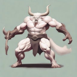 An albino Minotaur with long forward-pointing horns that have engravings all over them