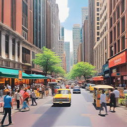 A bustling city street filled with people walking, cars driving, and tall buildings lining the road