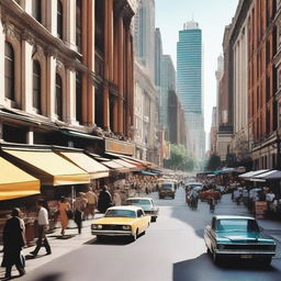 A bustling city street filled with people walking, cars driving, and tall buildings lining the road