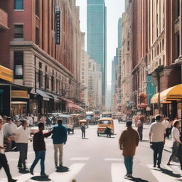 A bustling city street filled with people walking, cars driving, and tall buildings lining the road