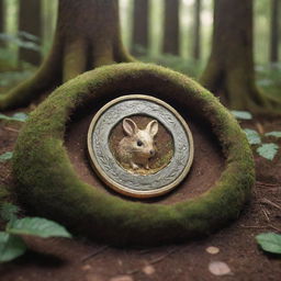 A gleaming magic coin nestled inside the cozy burrow of a forest creature.