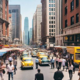 A bustling city street filled with people walking, cars driving, and tall buildings lining the road