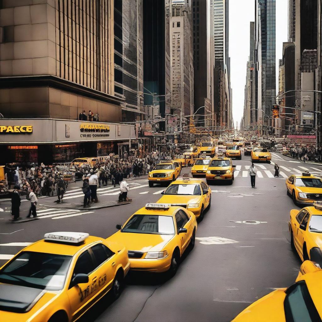 A busy New York City street filled with yellow taxis, pedestrians, and tall skyscrapers