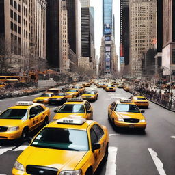 A busy New York City street filled with yellow taxis, pedestrians, and tall skyscrapers