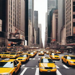 A busy New York City street filled with yellow taxis, pedestrians, and tall skyscrapers