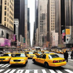 A busy New York City street filled with yellow taxis, pedestrians, and tall skyscrapers