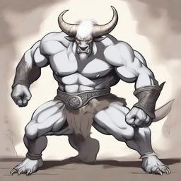 An albino Minotaur with long forward-pointing horns that have engravings all over them