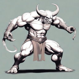 An albino Minotaur with long forward-pointing horns that have engravings all over them