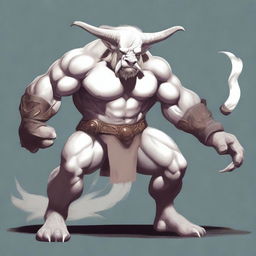 An albino Minotaur with long forward-pointing horns that have engravings all over them