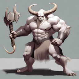 An albino Minotaur with long forward-pointing horns that have engravings all over them