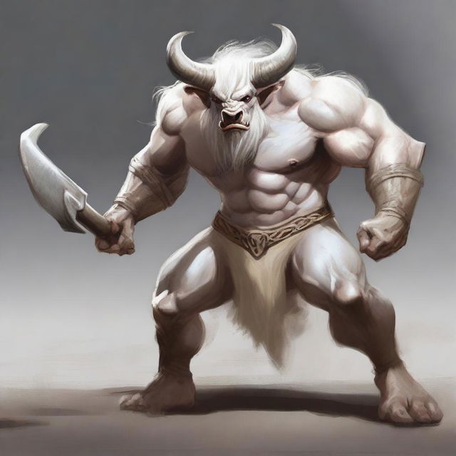 An albino Minotaur with long forward-pointing horns that have engravings all over them