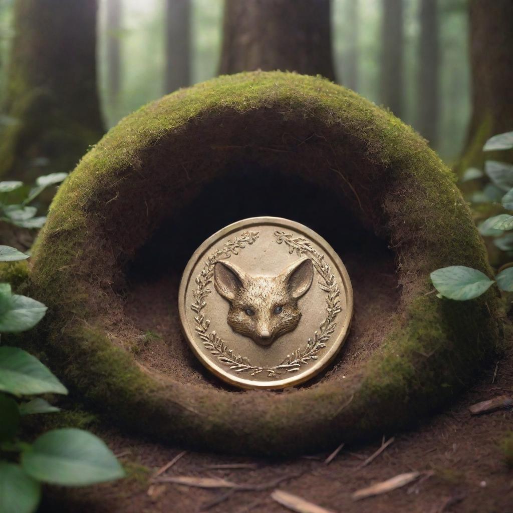 A gleaming magic coin nestled inside the cozy burrow of a forest creature.