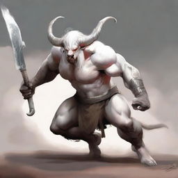 An albino Minotaur with long forward-pointing horns that have engravings all over them