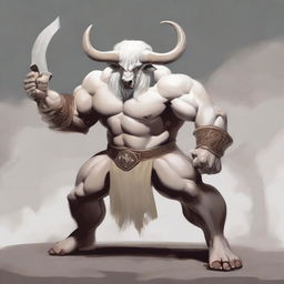 An albino Minotaur with long forward-pointing horns that have engravings all over them