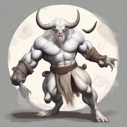 An albino Minotaur with long forward-pointing horns that have engravings all over them