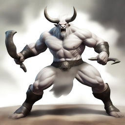 An albino Minotaur with long forward-pointing horns that have engravings all over them