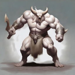 An albino Minotaur with long forward-pointing horns that have engravings all over them