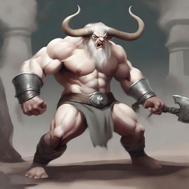 An albino Minotaur with long forward-pointing horns that have engravings all over them