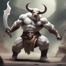 An albino Minotaur with long forward-pointing horns that have engravings all over them