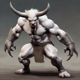 An albino Minotaur with long forward-pointing horns that have engravings all over them