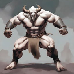 An albino Minotaur with long forward-pointing horns that have engravings all over them