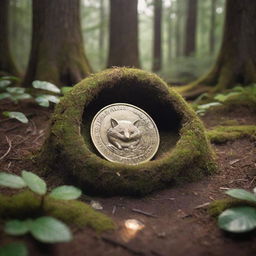 A gleaming magic coin nestled inside the cozy burrow of a forest creature.