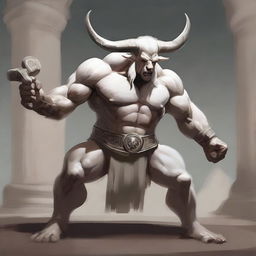 An albino Minotaur with long forward-pointing horns that have engravings all over them