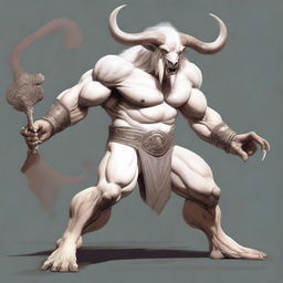 An albino Minotaur with long forward-pointing horns that have engravings all over them