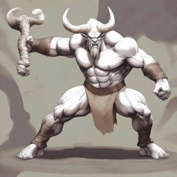 An albino Minotaur with long forward-pointing horns that have engravings all over them