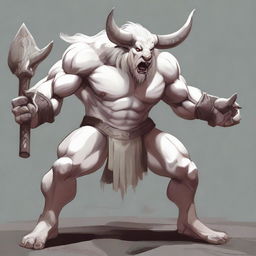 An albino Minotaur with long forward-pointing horns that have engravings all over them