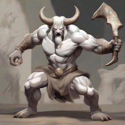 An albino Minotaur with long forward-pointing horns that have engravings all over them