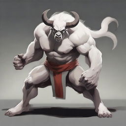 An albino Minotaur in a martial arts fight stance with angry eyes