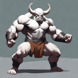 An albino Minotaur in a martial arts fight stance with angry eyes