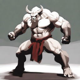 An albino Minotaur in a martial arts fight stance with angry eyes