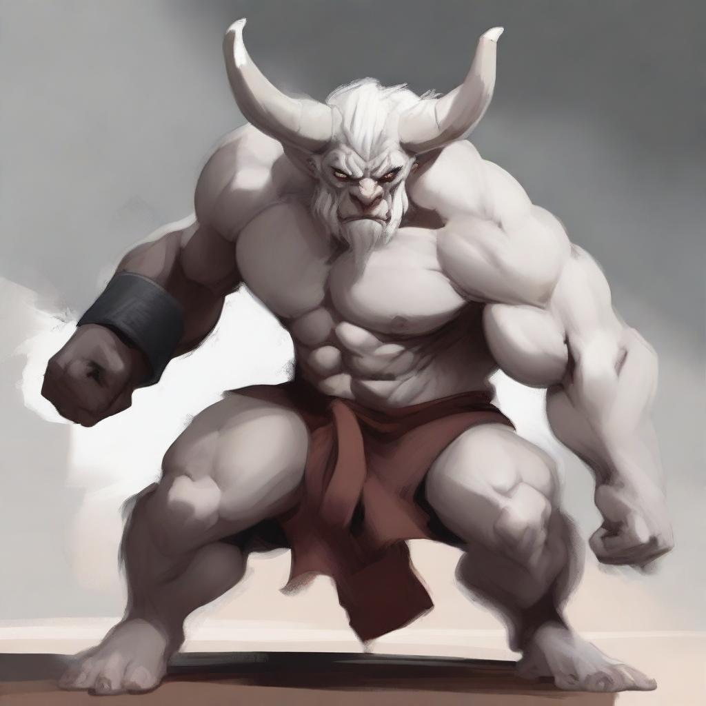 An albino Minotaur in a martial arts fight stance with angry eyes