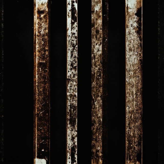 A grainy dark background with three vertically positioned rusted bars, emphasizing decay and desolation.