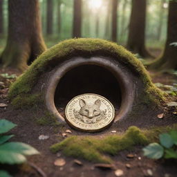 A gleaming magic coin nestled inside the cozy burrow of a forest creature.