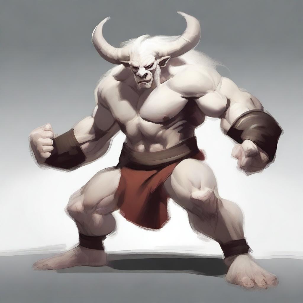 An albino Minotaur in a martial arts fight stance with angry eyes