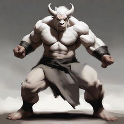 An albino Minotaur in a martial arts fight stance with angry eyes