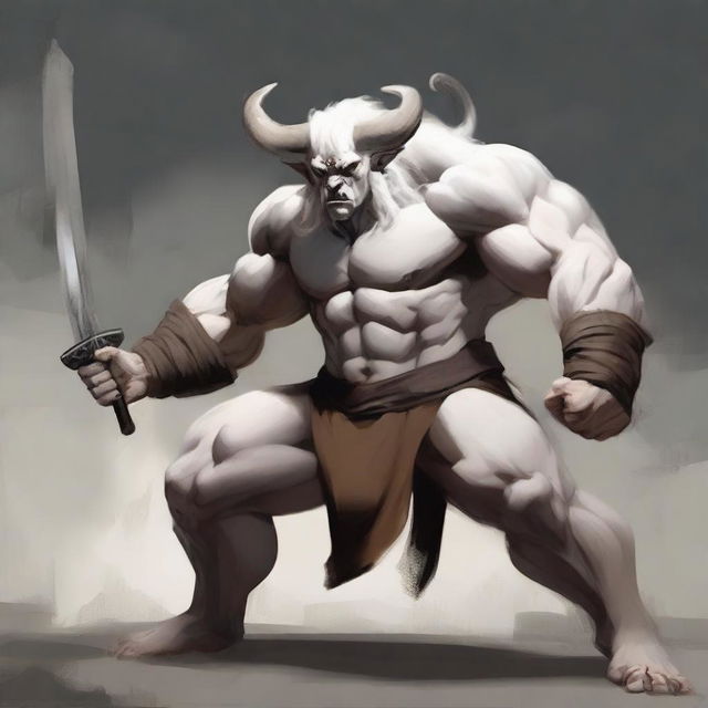 An albino Minotaur in a martial arts fight stance with angry eyes