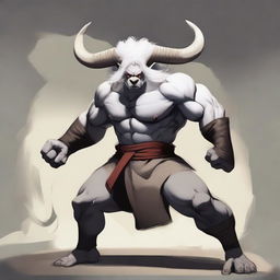 An albino Minotaur in a martial arts fight stance with angry eyes