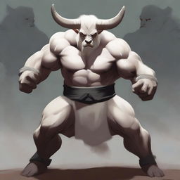 An albino Minotaur in a martial arts fight pose with angry eyes